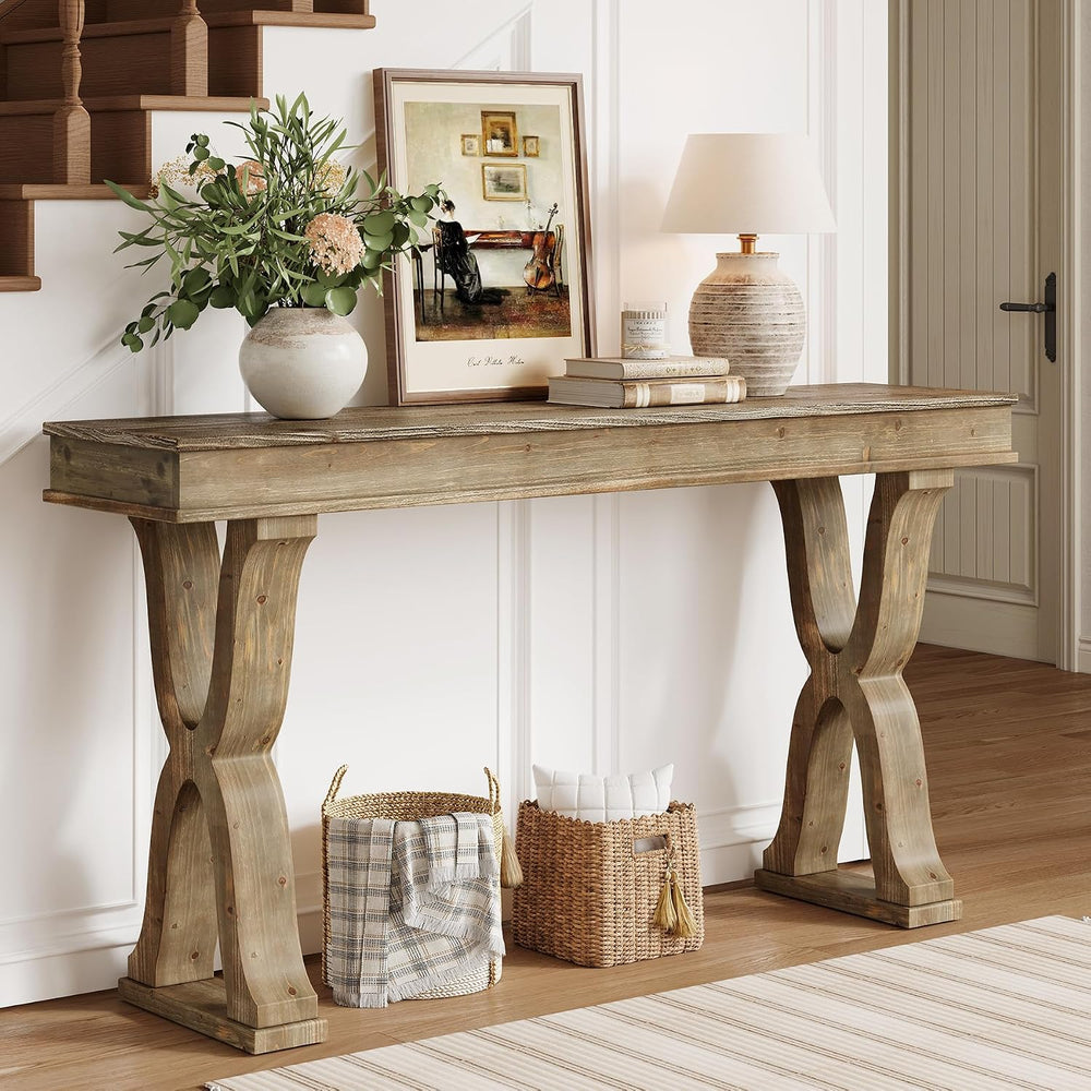 63-Inch Solid Wood Console Table, Farmhouse Narrow Entryway Table with X-Shap...
