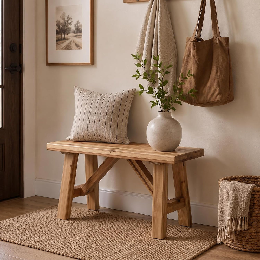 Solid Wood Entryway Bench, 30" Rustic Small Wooden Bench Narrow Farmhous...