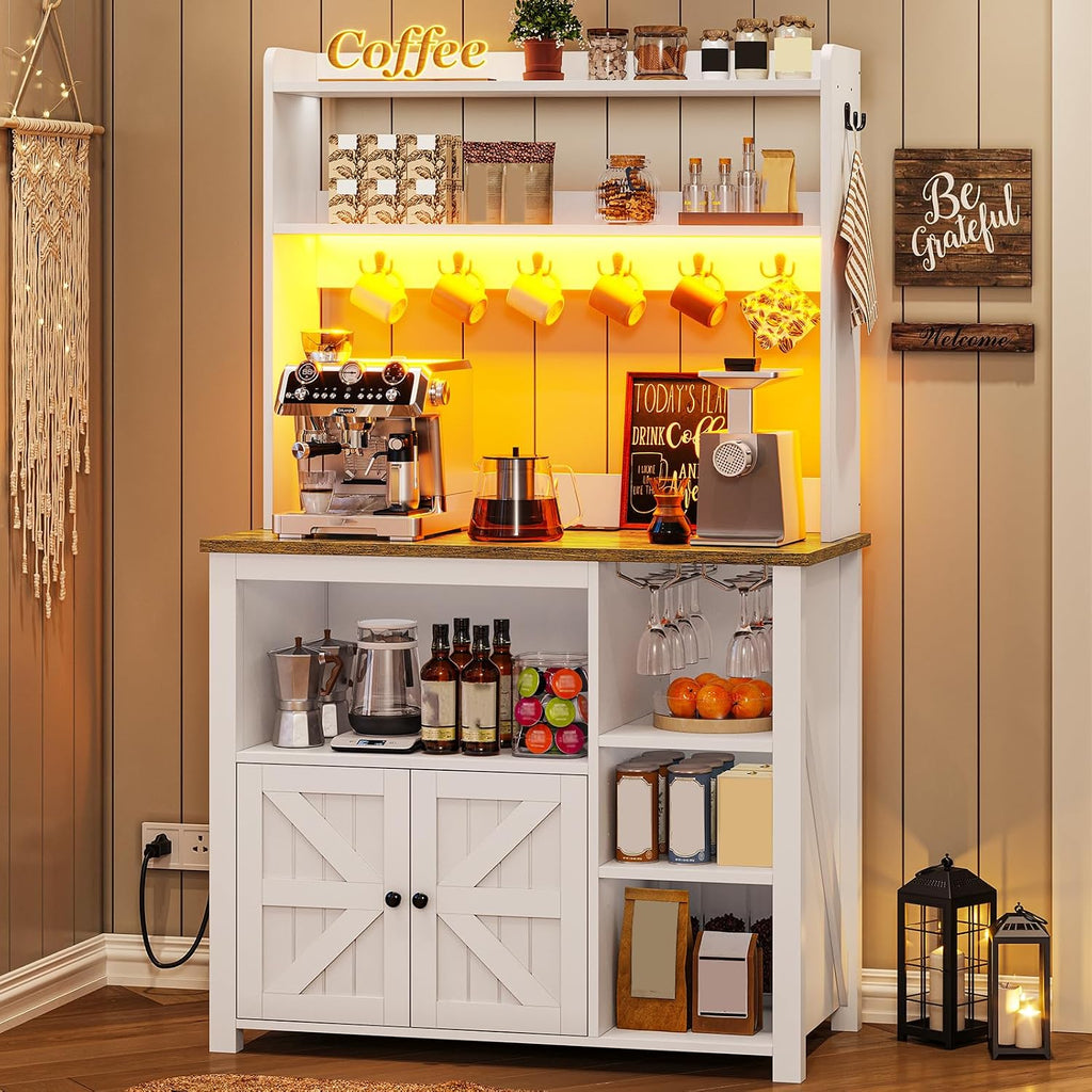 Itaar 35.4 inch Bakers Rack with Power Outlet and Storage, Farmhouse Coffee Bar Cabinet, Microwave Stand Kitchen Cabinet with Hutch, LED Lights, Wine Glass Holder and 8 Hooks，White