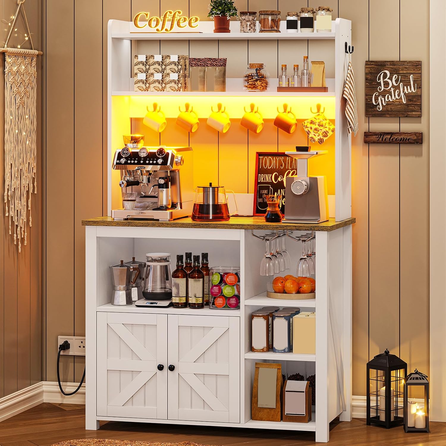 Itaar 35.4 inch Bakers Rack with Power Outlet and Storage, Farmhouse Coffee Bar Cabinet, Microwave Stand Kitchen Cabinet with Hutch, LED Lights, Wine Glass Holder and 8 Hooks，White