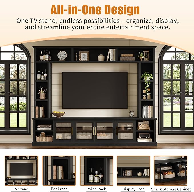 Merax 95" Entertainment Center for TVs up to 80", All-in-One TV Stand with Bookshelves & Storage Cabinets & Tempered Glass Doors & Adjustable Shelves, Modern Living Room Wall Unit Media Console, Black
