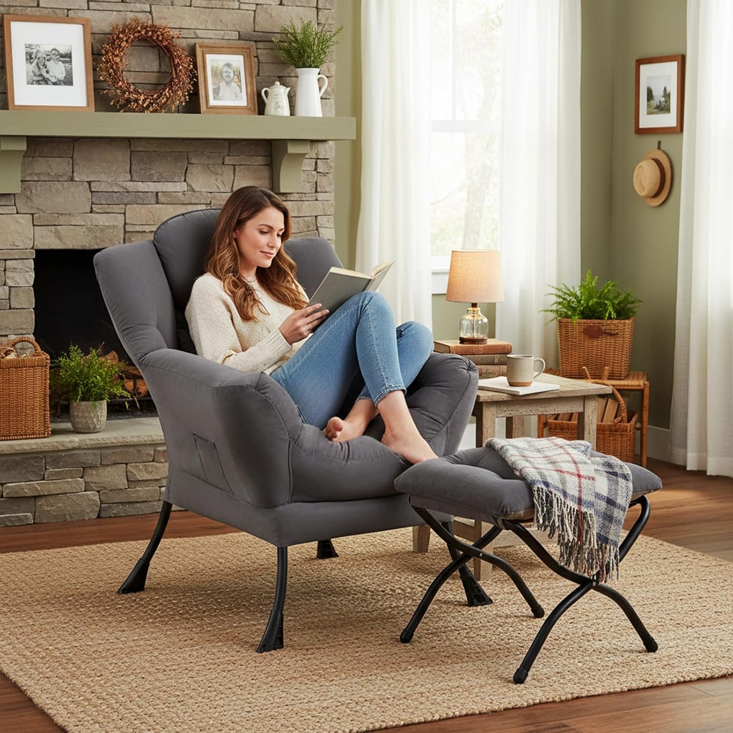 Furlide Lazy Chair with Ottoman, Comfy Fabric Accent Lounge Arm Chair with Lumbar Pillow and Folding Footrest, Reading Leisure Sofa Armchair for Bedroom, Living Room, Dorm,Dark Grey | Comfy Accent Lounge Chair with Pillow & folding Foot Stool, sturdy