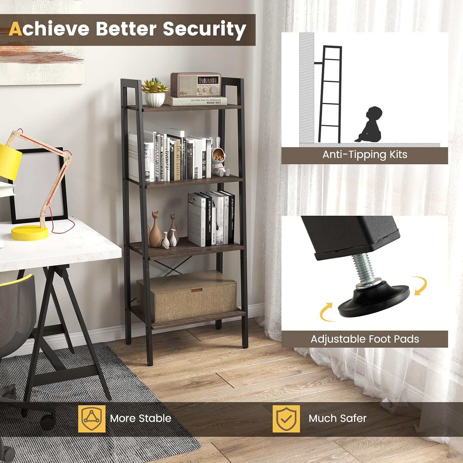 Giantex Ladder Shelf 4-Tier Industrial Bookshelf Storage Rack Shelves for Home and Office Use, Wooden Display Rack with Metal Frame (Gray)