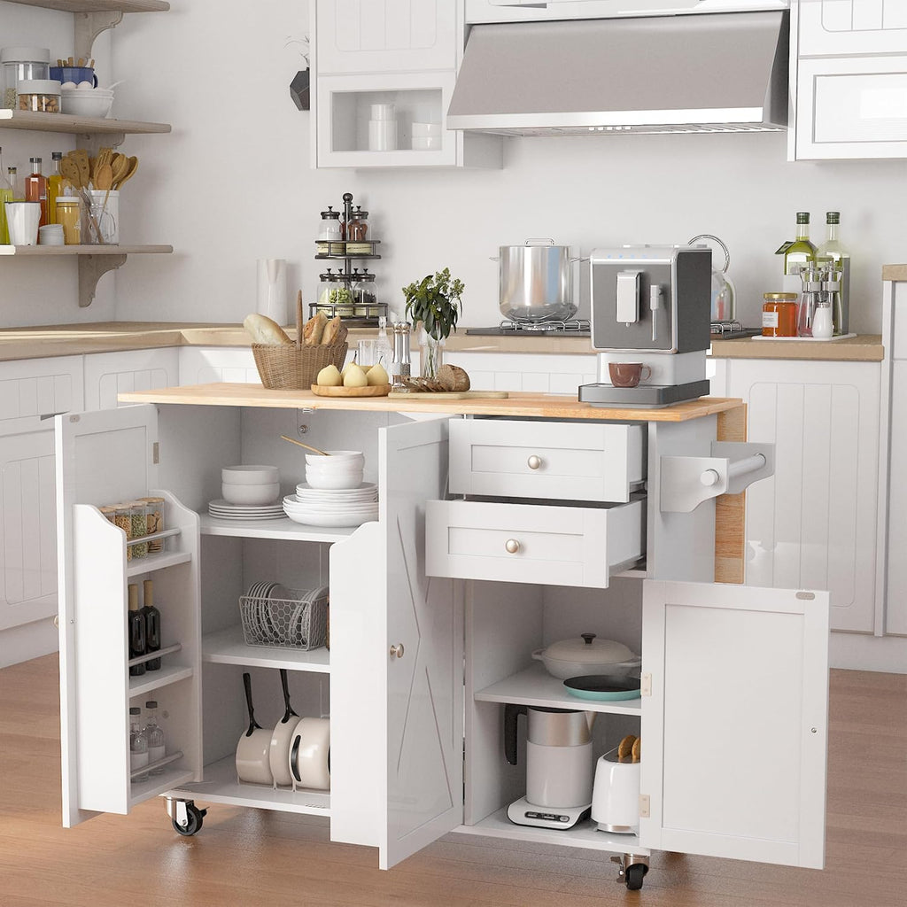 HOMREST 50.4" Kitchen Island with Drop Leaf & Power Outlet, Farmhouse Rolling Island Cart with 3 Spices Shelves on Wheels, Mobil Kitchen Island Table with Rubberwood Countertop Towel Rack, White