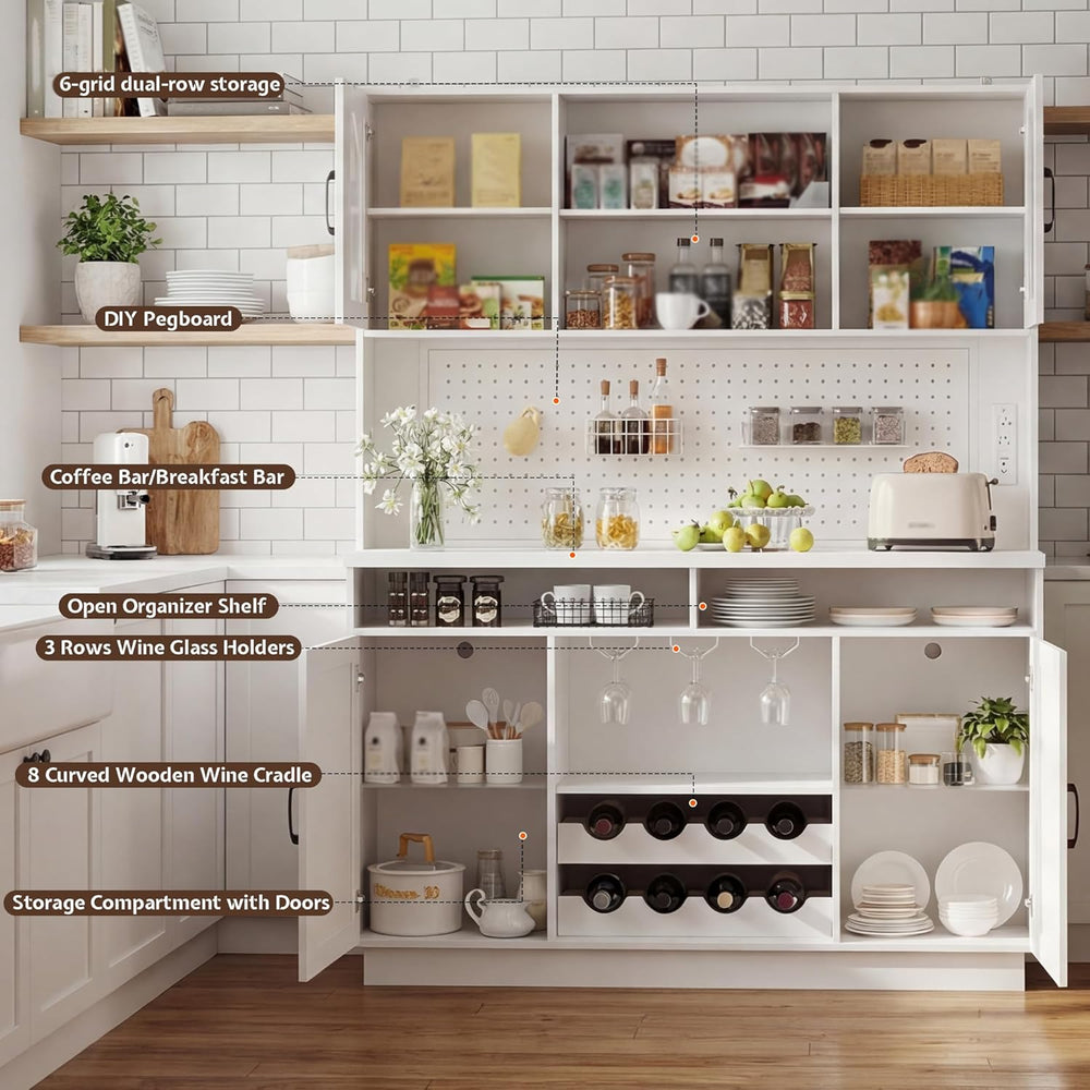 71" Tall Kitchen Pantry Storage Cabinet with LED Lights & Charging S...