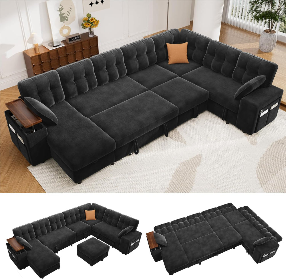 Vipbear 130" Modular Sectional Sleeper Sofa with Pull Out Bed, 9 Seat L ...