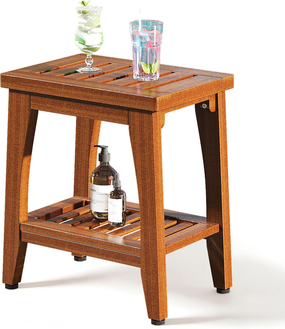 14" Compact Solid Teak Shower Bench with Storage Shelf