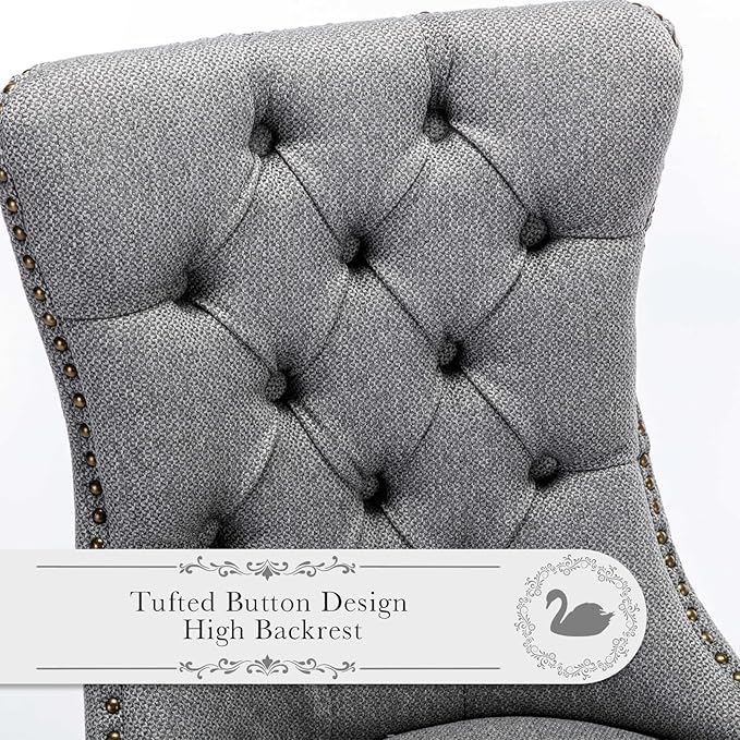 Linen Upholstered Dining Chairs Set of 8, Modern Style Kitchen Side Chairs with Nailhead Trim and Wood Leg, Metal Pulling Ring for Dining Room Living Room(Smoky Gray)