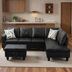 Sectional Couches for Living Room with Movable Chaise & Storage Ottoman - 97.5" Leather L Shaped Couches for Living Room Apartment, 4 Seat Home Furniture Modular Sectional Sofas, Black
