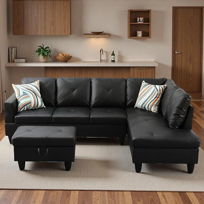 Sectional Couches for Living Room with Movable Chaise & Storage Ottoman - 97.5" Leather L Shaped Couches for Living Room Apartment, 4 Seat Home Furniture Modular Sectional Sofas, Black