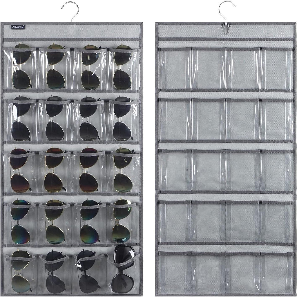 Dual Sided Hanging Sunglasses Organizer Storage Wall Mounted Eyeglasses Holder Eyewear Display Case with 40 Clear Slots (40 Pockets-Grey)