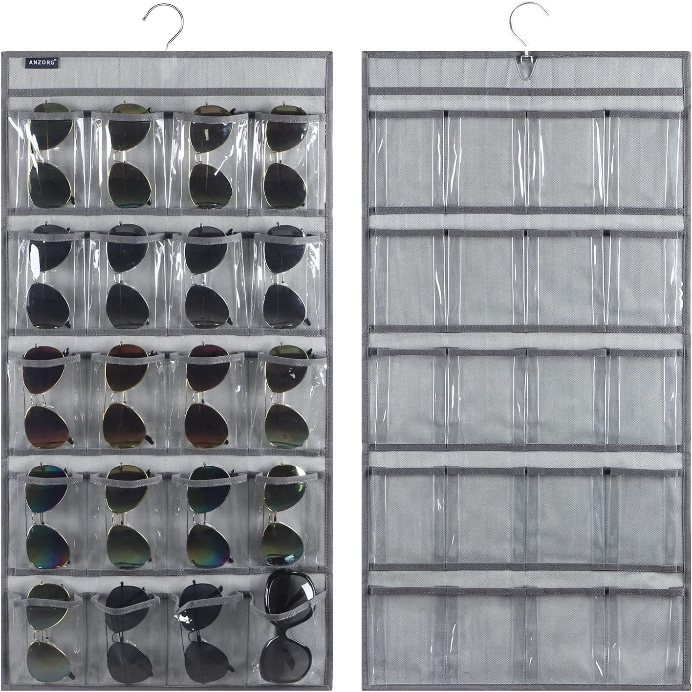 Dual Sided Hanging Sunglasses Organizer Storage Wall Mounted Eyeglasses Holder Eyewear Display Case with 40 Clear Slots (40 Pockets-Grey)
