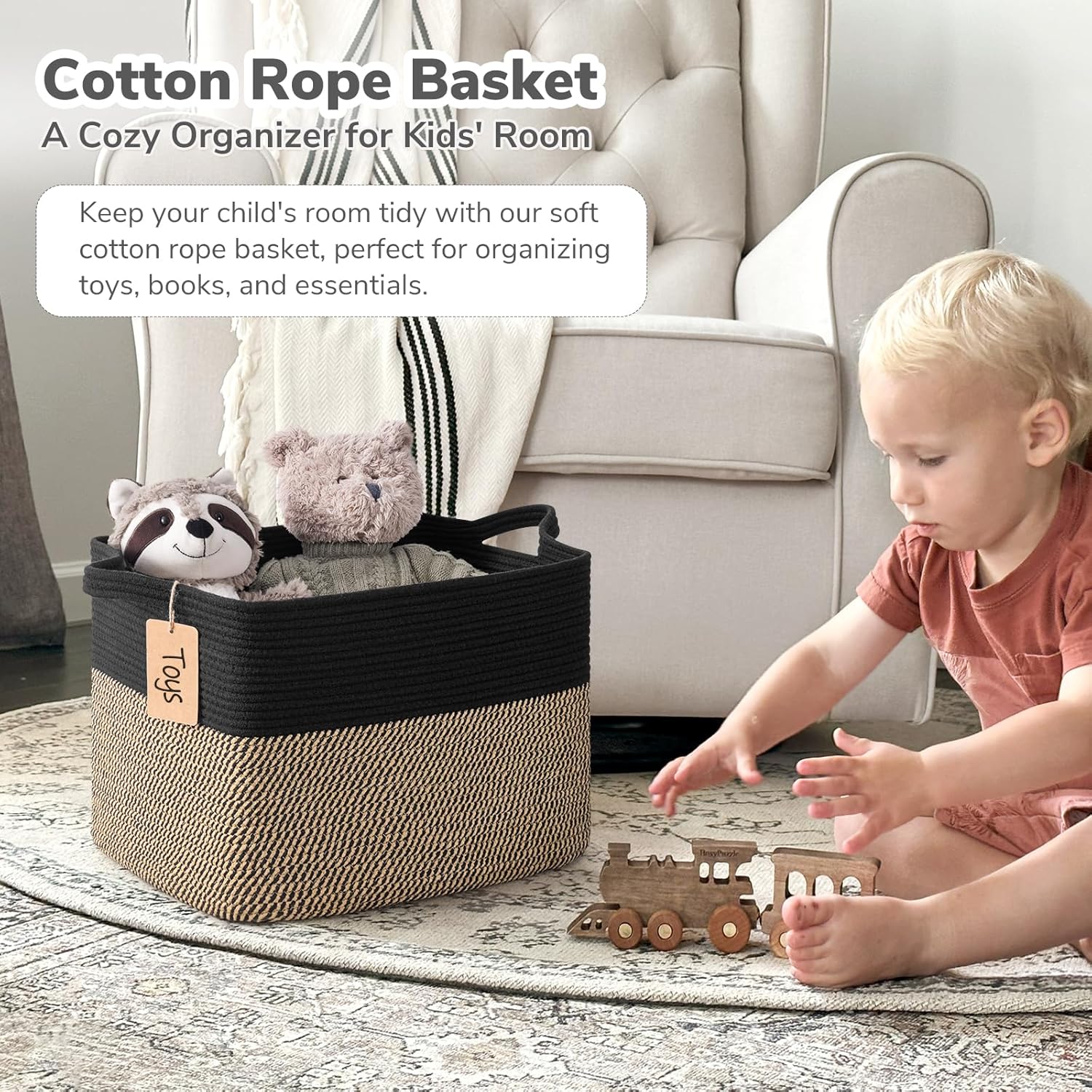 Goodpick Large Wicker Storage Baskets for Organizing, Black & Jute | 50L, 18 × 14 × 12 in, Reinforced Handles, Shoes, Towels & Toys Storage, Living Room, Bedroom & Nursery Organization