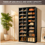 Foldable Shoe Organizer Storage Box, Portable Extra Large Folding Shoe Rack for Closet, Shoe Storage Box with Magnetic Transparent Door and Wheels, 9 Layers 18 Grids with 2 Big Grids