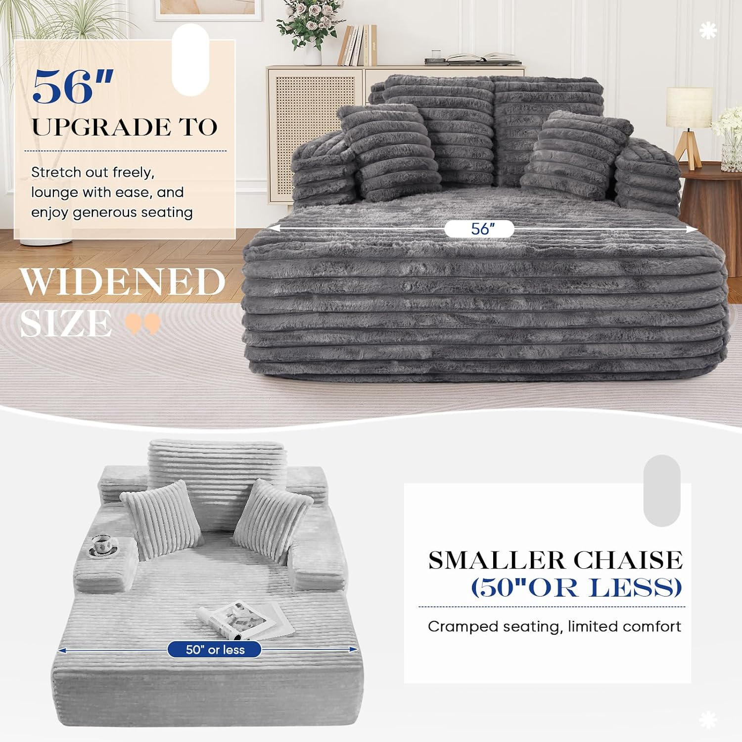 Oversized Chaise Lounge Indoor, Modern Plush Faux Fur Fabric Deep Seat Boneless Memory Foam Sleeper Chaise Lounge Sofa Chair with Pillows for Living Room Bedroom Studio, No Assembly Couch, Grey