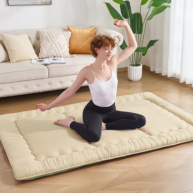 Japanese Floor Futon Mattress Full Size, 25D High Density Support Foam, 4" Thicken Foldable Mattress Tatami Mat Sleeping Pad Suitable for Camping, Guest Room, Beige 54"x 80"