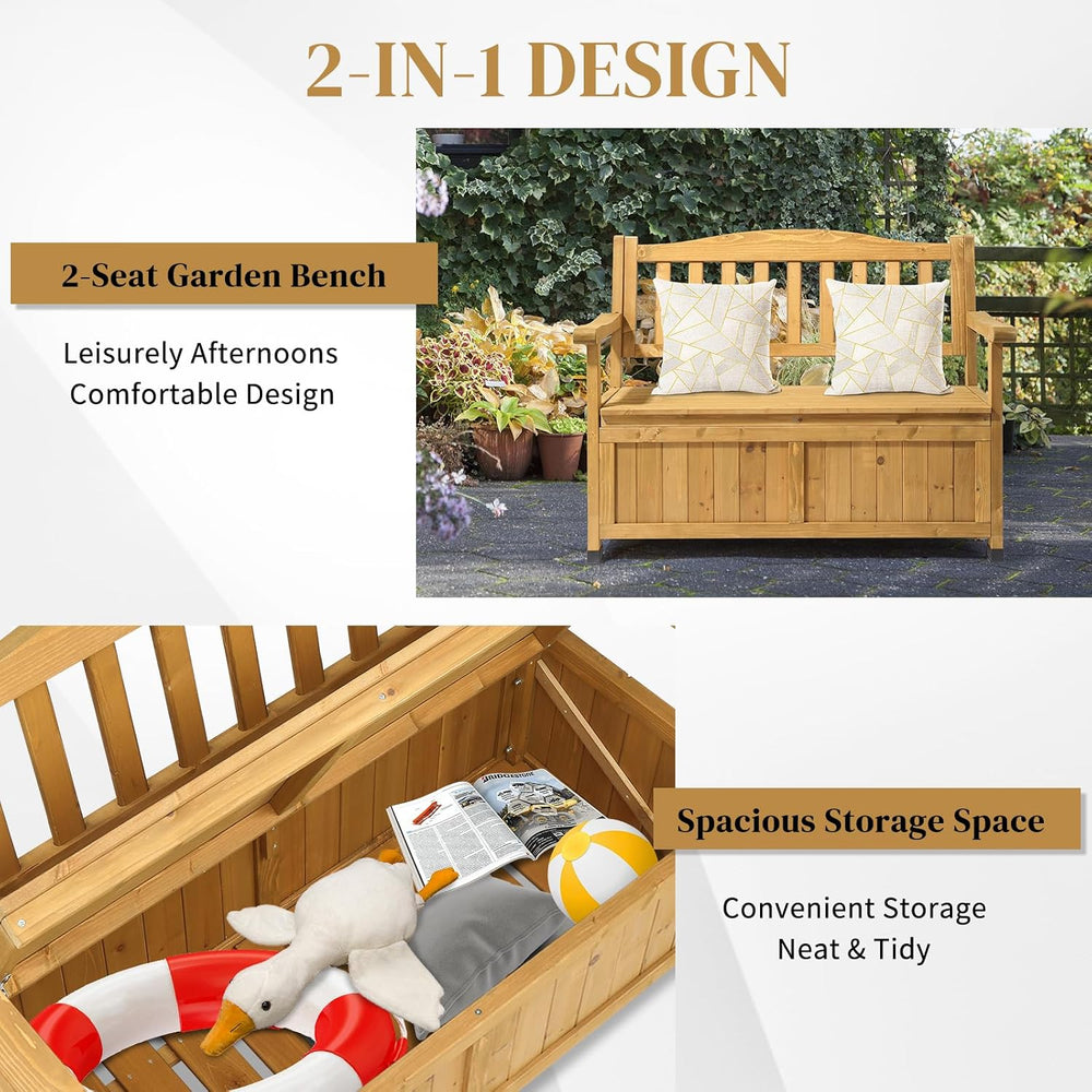 Outdoor Wooden Storage Bench, Large Deck Box with Seating & Armrest, Pati...