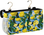 White and Blue Striped Lemons Bedside Caddy for Dorm Bed Bedside Hanging Caddy Bag Iron Frame Storage Organizer Pocket for Bunk Home College Hospital Beds 2 Hooks