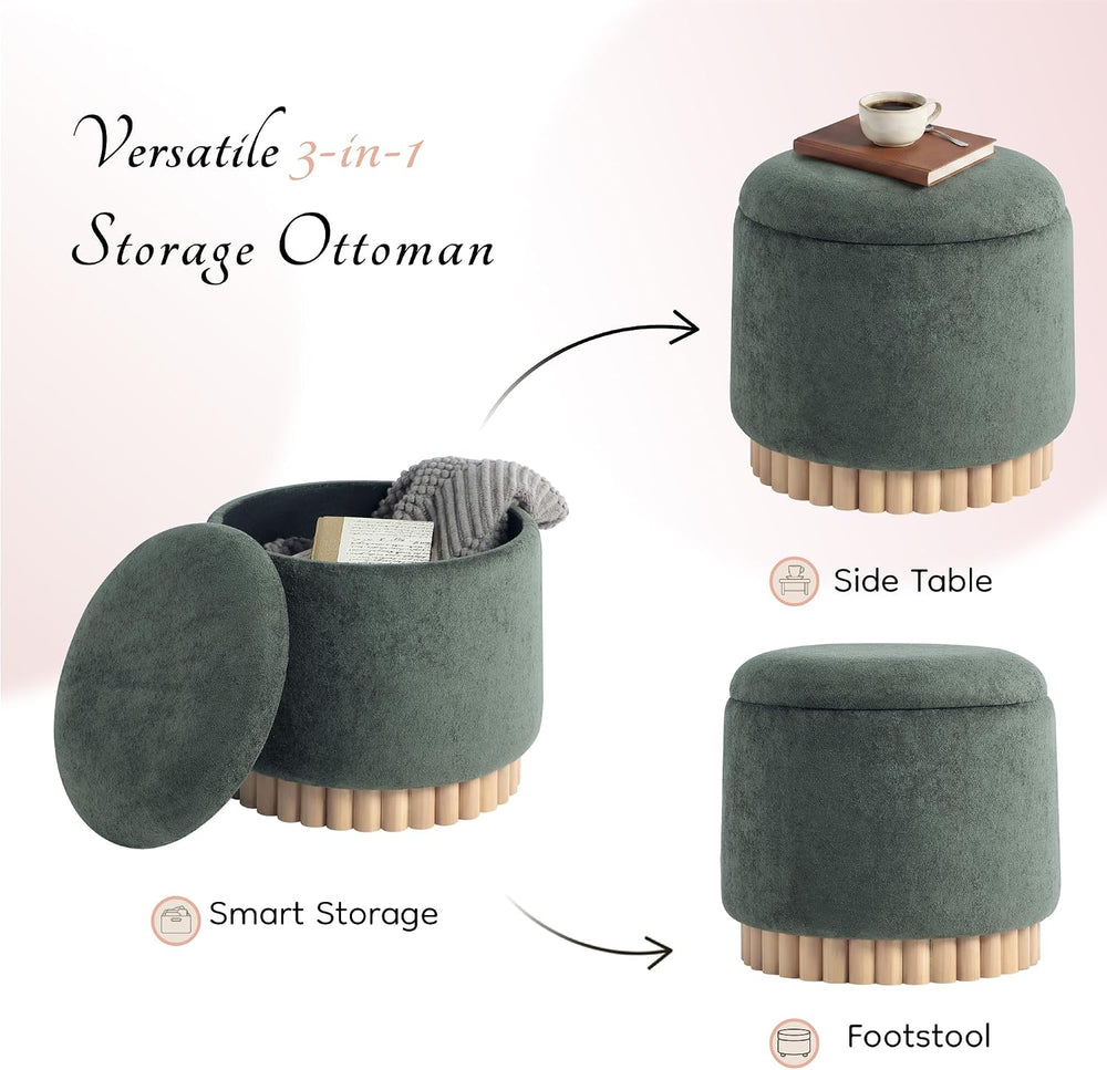Get Set Style Round Ottoman with Wooden Base, Storage Vanity Stool for Makeup...