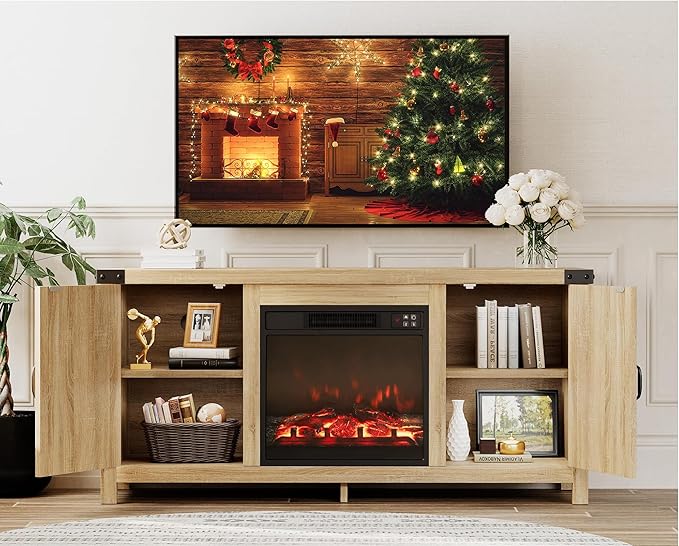 JUMMICO Fireplace TV Stand, Farmhouse Entertainment Center with Fireplace and Shelves, Double Barn Doors Storage Cabinets for TVs to 65+ Inch for Living Room (Pale Yellow)