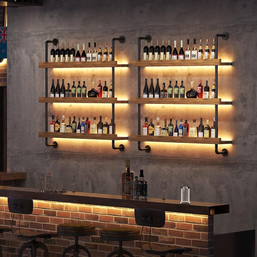 Large Wine Rack Wall Mounted with LED Light, Solid Wood Bar Shelves Wall Mounted, 3-Tiers Liquor Bottles Floating Shelves Display Storage Organizer for Home Bar, Dining Room (39.7 inch)