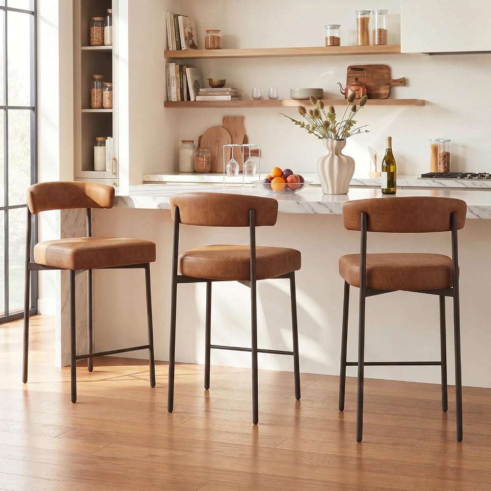 GrandNoor Brown Modern Bar Stools Set of 3, 24 Inch Faux Leather Counter Stoo...