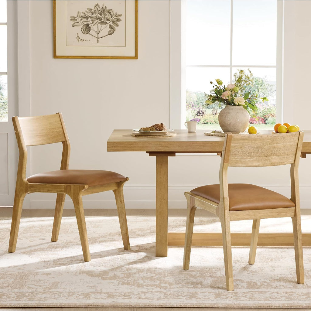 Watson & Whitely Wood Dining Chairs Set of 4, Modern Leather Upholstered Kitchen Chairs with Ergonomic Curved Backrest and Solid Wood Frame, Farmhouse Chairs for Dining Room, Living Room, Camel
