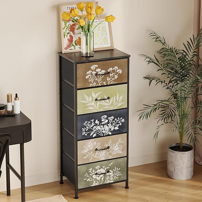 Tohomeor Vintage Dresser Vertical Nightstand with Neutral Botanical Plant Fab...