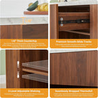 59" Kitchen Island with Storage & Seating for 2, Modern Stationary Kitchen Island with Faux Marble Top, 2 Drawers, Open Shelves & 5 Hooks, Counter Height Prep Table for Dining & Kitchen (Walnut)