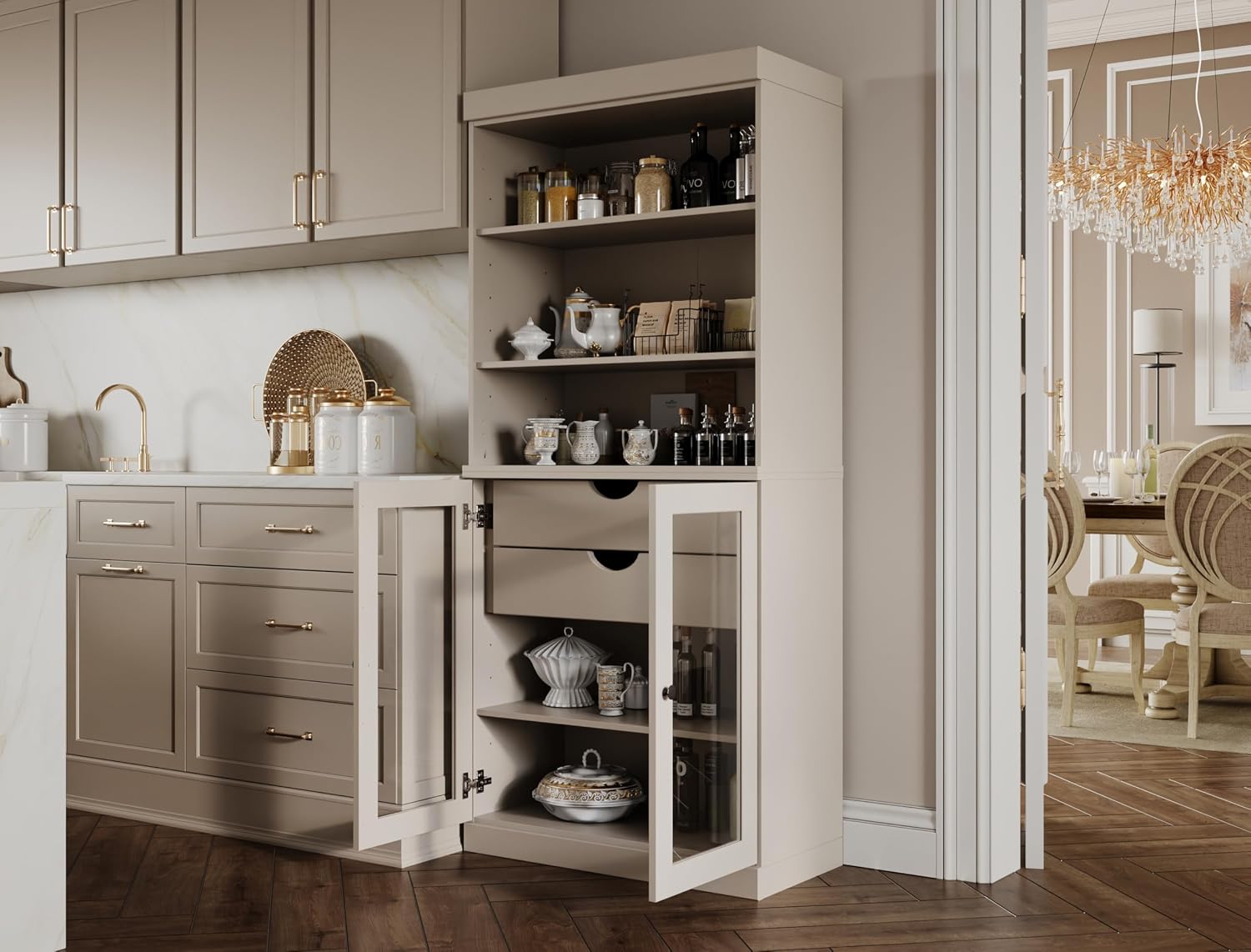 Palace Imports 100% Solid Wood 32"" Pantry Cabinet with Clear Glass Doors, 2-Drawers and Adjustable Shelves