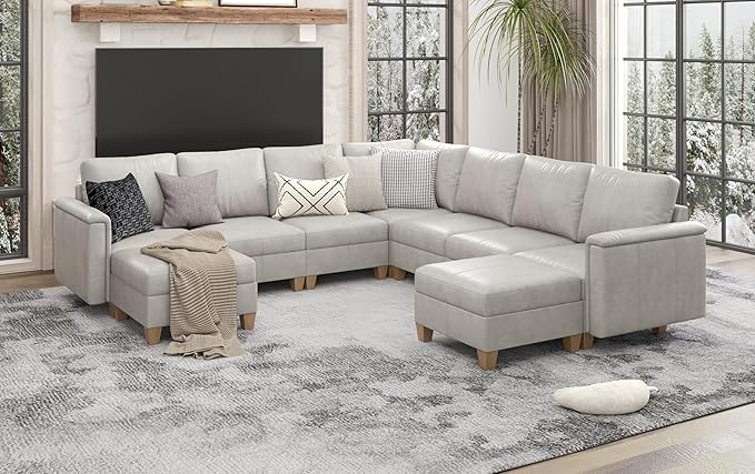 SITJOY 118" Faux Leather Modular Sectional Sofa with Storage, Mid Century Modern Sectional Couches for Living Room, Soft Padded Armrests, 9 Seat V-Shaped Sectional Couch, Greige