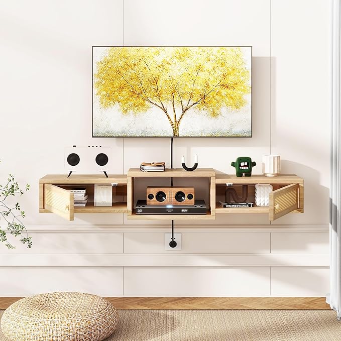 IBUYKE Modern Rattan Floating TV Stand with Doors,Wall Mounted TV Shelf for TVs up to 55 Inches,Media Console Entertainment Center for Under TV Storage Cabinet for Living Room Bedroom,Natural UWST012N