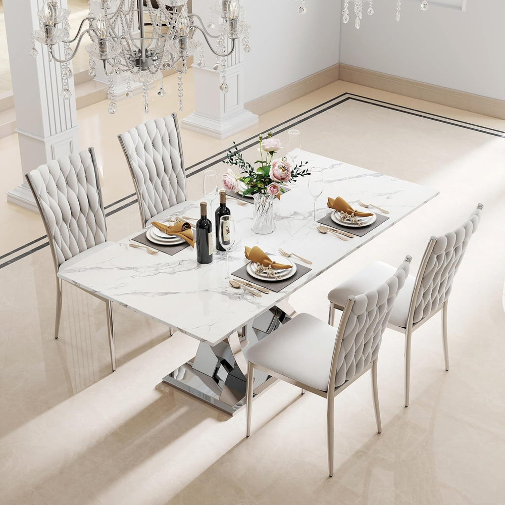 Modern Dining Chairs Set of 4, Light Grey Velvet Woven Kitchen Chair with Sil...