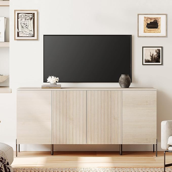 WAMPAT 61.6" TV Stand Cabinets for TVs up to 70 Inches, Entertainment Center with Storage Cabinets and 4 Doors, Mid Century Modern Media TV Console Table for Living Room Bedroom,Beige