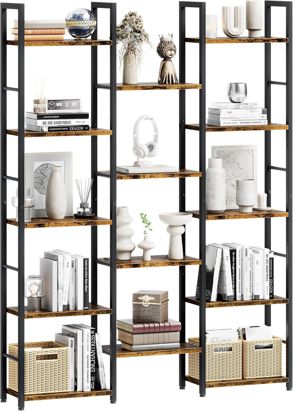 Shintenchi Triple Column 5 Tier Bookshelf, Industrial Large Bookcase Display Shelves, Large Etagere Bookshelf,Wide Book Shelf Book Case for Home & Office, Rustic Brown