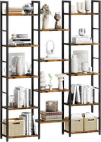 Shintenchi Triple Column 5 Tier Bookshelf, Industrial Large Bookcase Display Shelves, Large Etagere Bookshelf,Wide Book Shelf Book Case for Home & Office, Rustic Brown