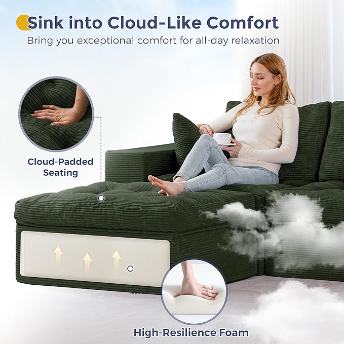 MAXYOYO 132" U Shaped Modular Sectional Sofa with 2 Ottomans, Cloud Boneless Couch with Layered Cushion, Flexible Module Combination Sofa for Living Room, No Assembly Required, Dark Green
