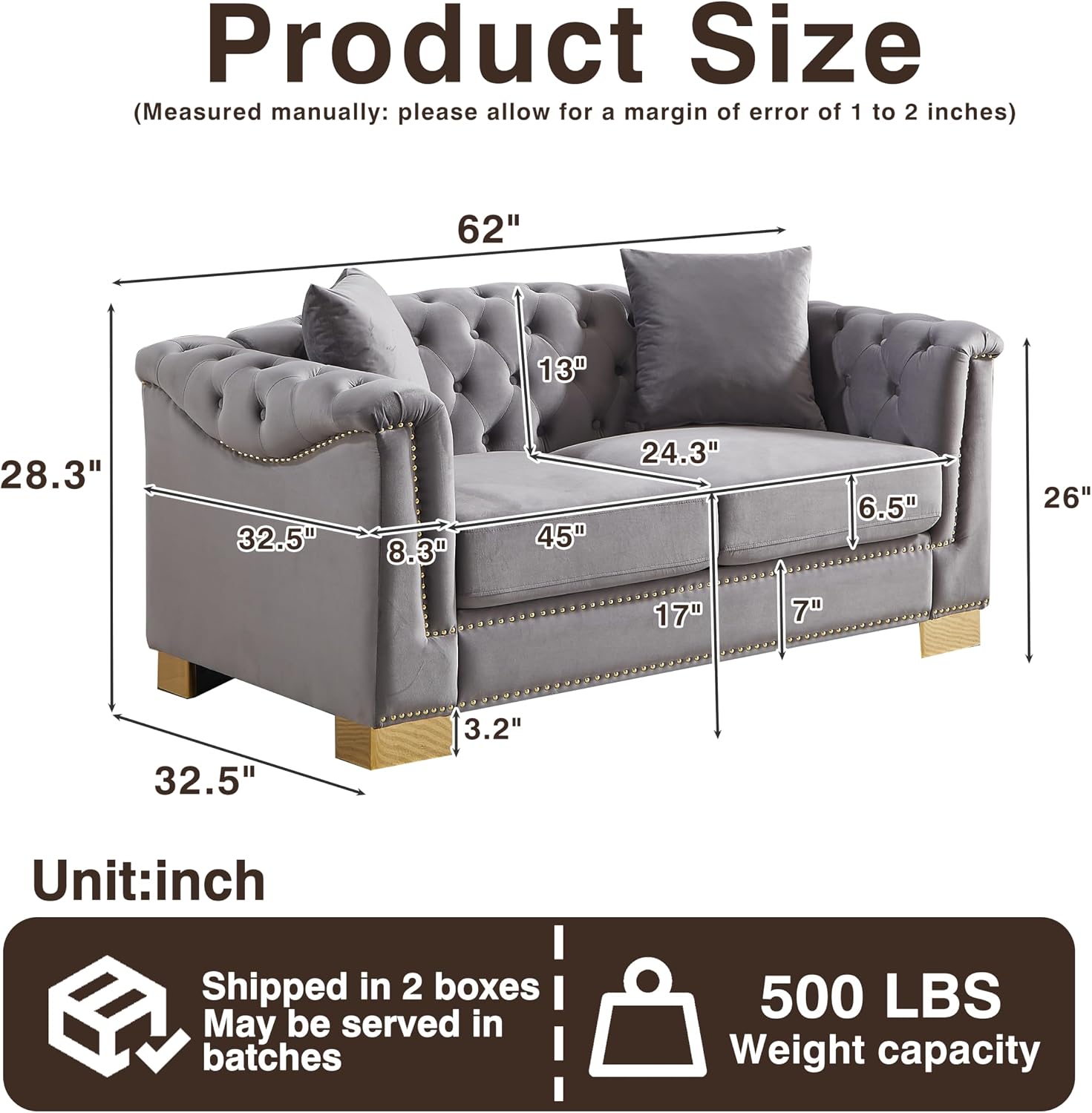 Harper & Bright Designs 62" Chesterfield Sofa Velvet Two-Seater, Modern Classic Rolled Arm Button Tufted Sofa with Nailhead Decor, Cloud Couch Loveseat for Living Room, Apartment (Grey)