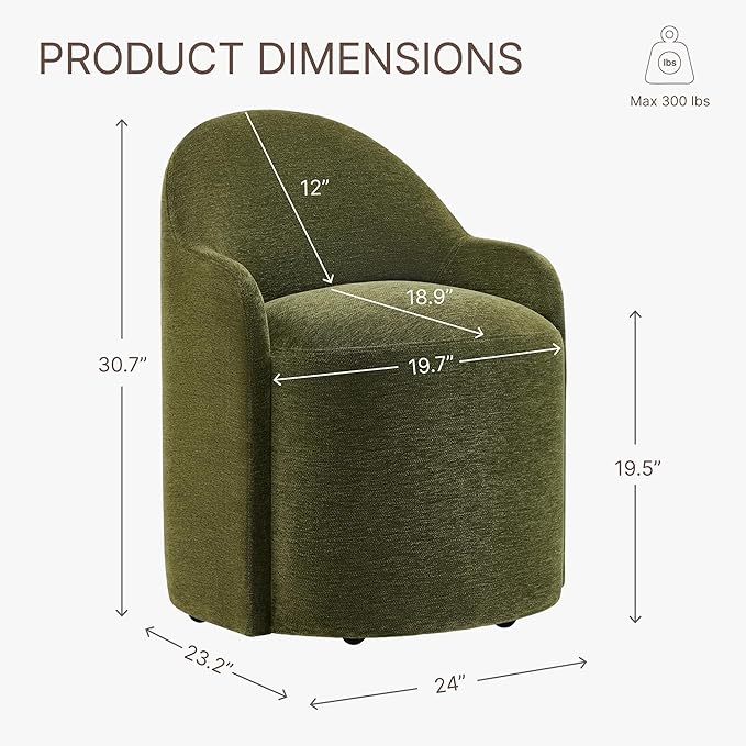 Upholstered Dining Chairs with Casters, No Assembly Modern Dining Room Chairs Accent Vanity Chair with 5 Wheels & Round Backrest for Bedroom, Living Room, Dressing, Green Fabric, Set of 1