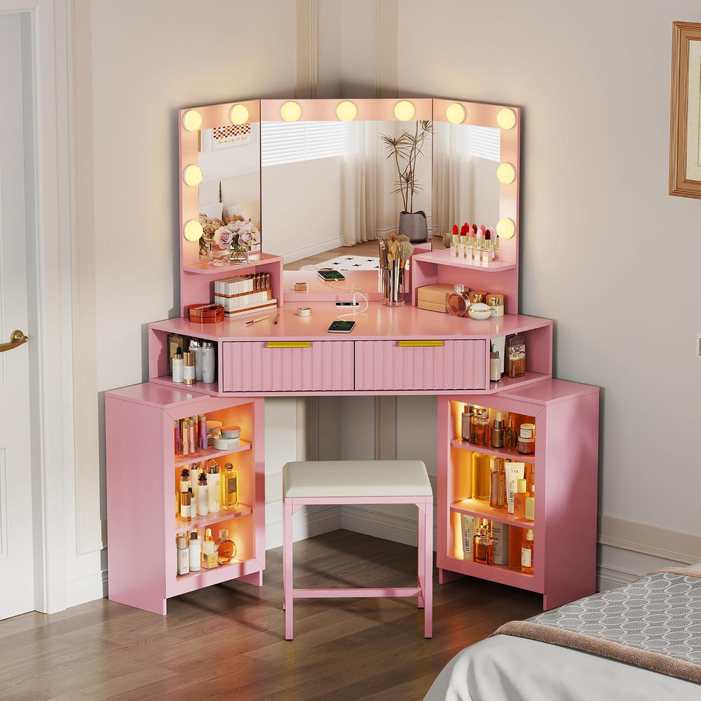 Corner Vanity Desk with LED Mirror, Power Outlet and 3 Light Modes - Pink | S...