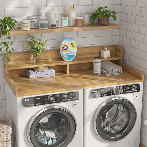 2-Tier Washer Dryer Countertop with 2.75" H Edge Rails, 58" W x 28" D Laundry Countertop for Folding Clothes, Washer and Dryer Topper with Non-Slip Pad (Pure Wood Color)