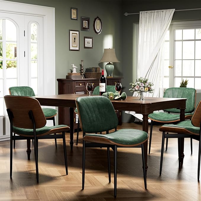 Dining Chairs Set of 8, Dining Room and Kitchen Chairs, Mid Century Modern Accent Chair, Upholstered PU Leather Chairs for Vanity with Walnut Bentwood and Metal Legs, Green