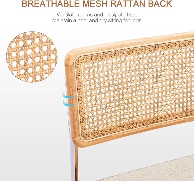 Zesthouse Natural Rattan Dining Chairs Set of 2, Mid Century Modern Dining Chairs with Solid Wood Back & Chrome Base, for Kitchen Living Room, Breuer Design Inspired, Upholstered Linen Fabric, Beige