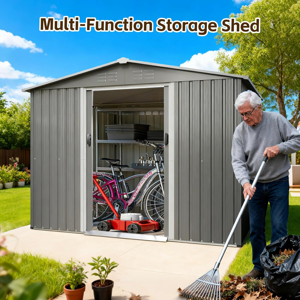 8x6ft Outdoor Metal Storage Shed with Lockable Sliding Door & Sloping Roof, Galvanized Steel Frame Waterproof Garden Tool Shed for Backyard, Garden, Lawn