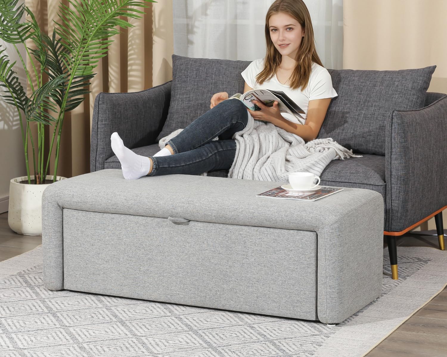 Homebeez 48" Storage Ottoman Bench with Side Opening, Large Storage Bench for Bedroom End of Bed, No Assembly Ottoman Foot Rest, Upholstered Entryway Bench for Living Room, Light Gray