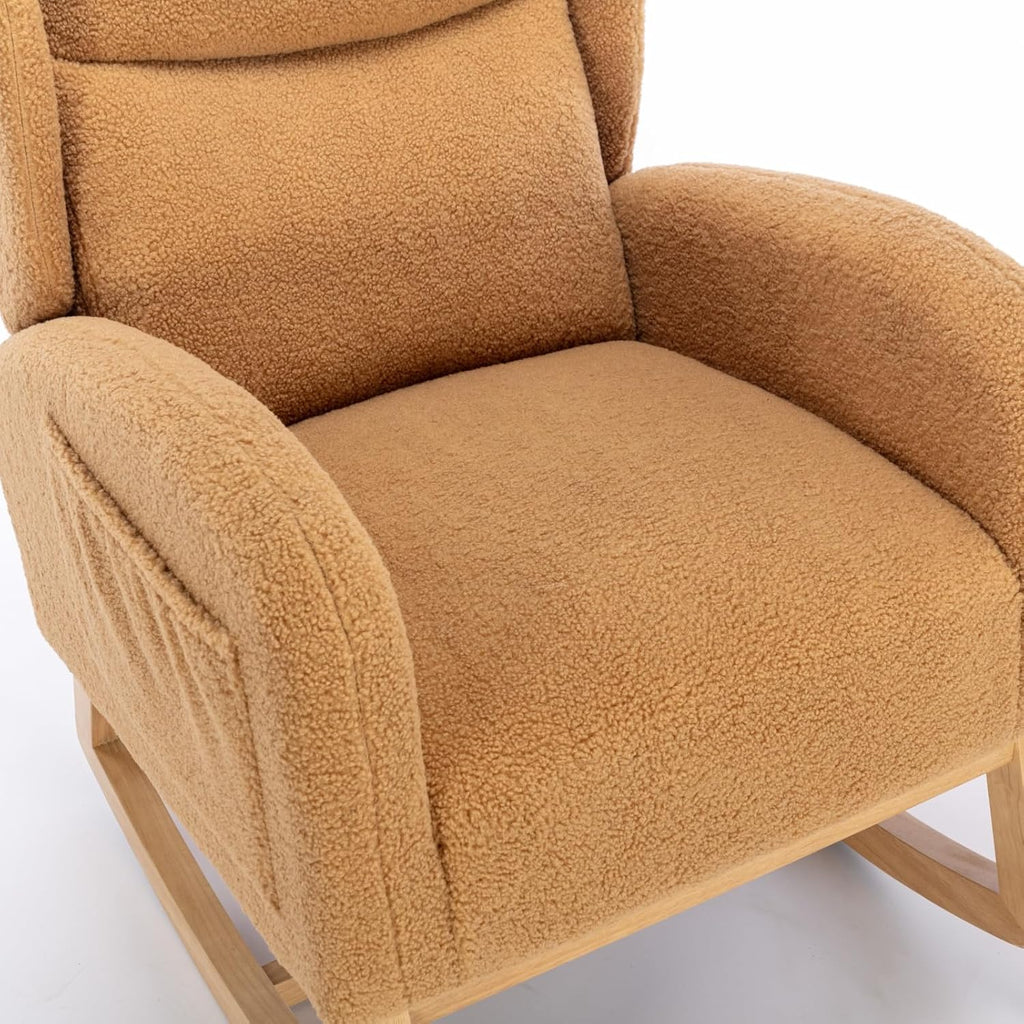 Khaki Teddy Fabric Rocking Chair with Solid Wood Legs