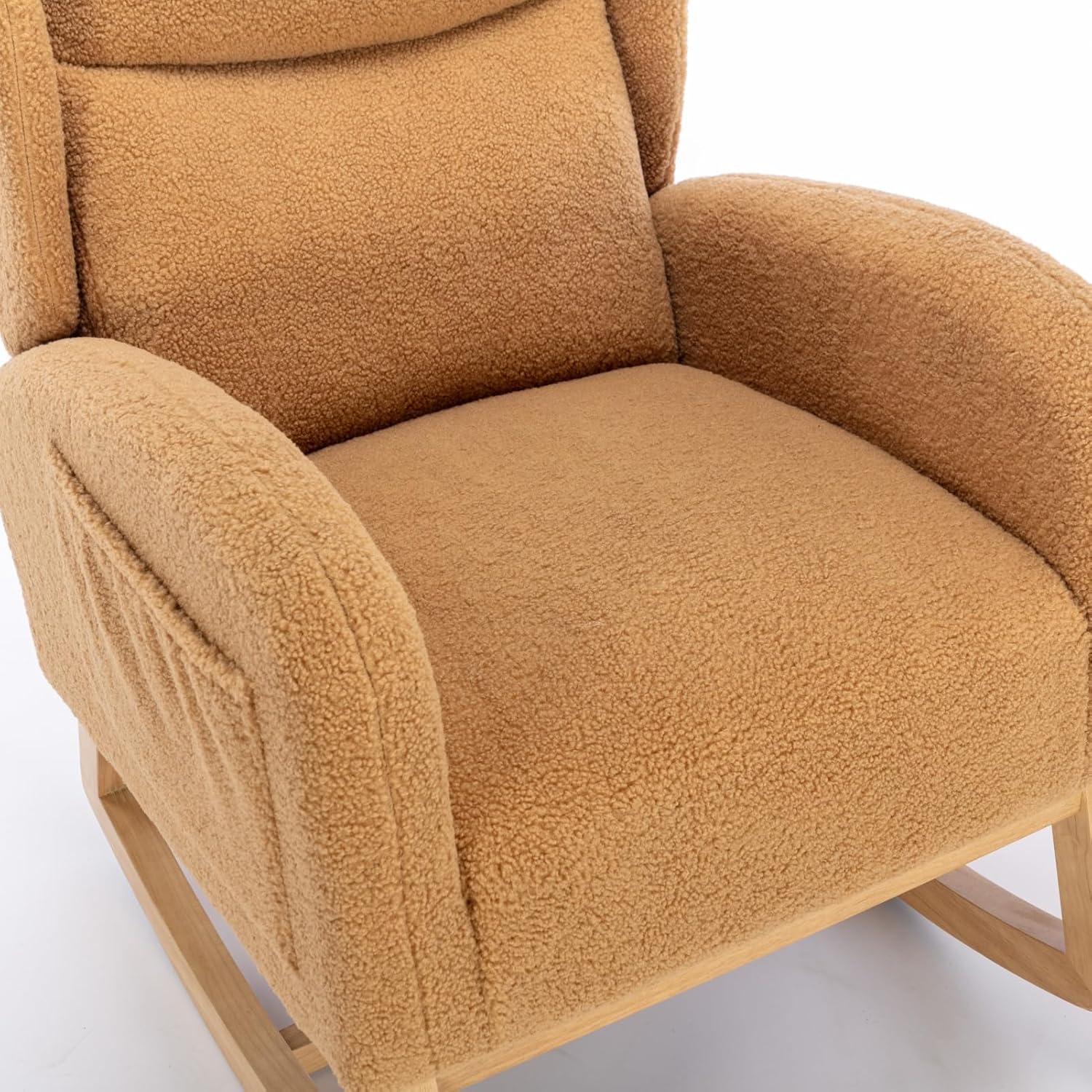 Khaki Teddy Fabric Rocking Chair with Solid Wood Legs
