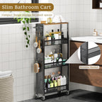 Utility Slim Storage Cart 4 Tier Small Rolling Kitchen Laundry Room Organization Cart with Wood Top Metal Narrow Laundry Room Shelves Cabinet Unit Laundry Organizer Trolley with Handle for Small space