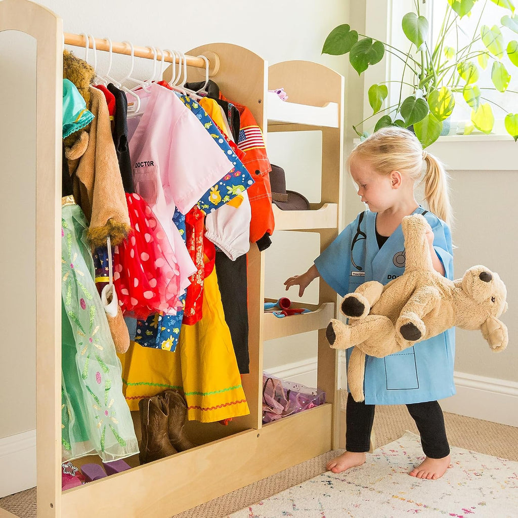Guidecraft See and Store Dress-up Center – Natural: Armoire for Kids with Mirror & Shelves, Clothes Rack and Shoe Storage Dresser with Bottom Tray - Toddlers Room Furniture