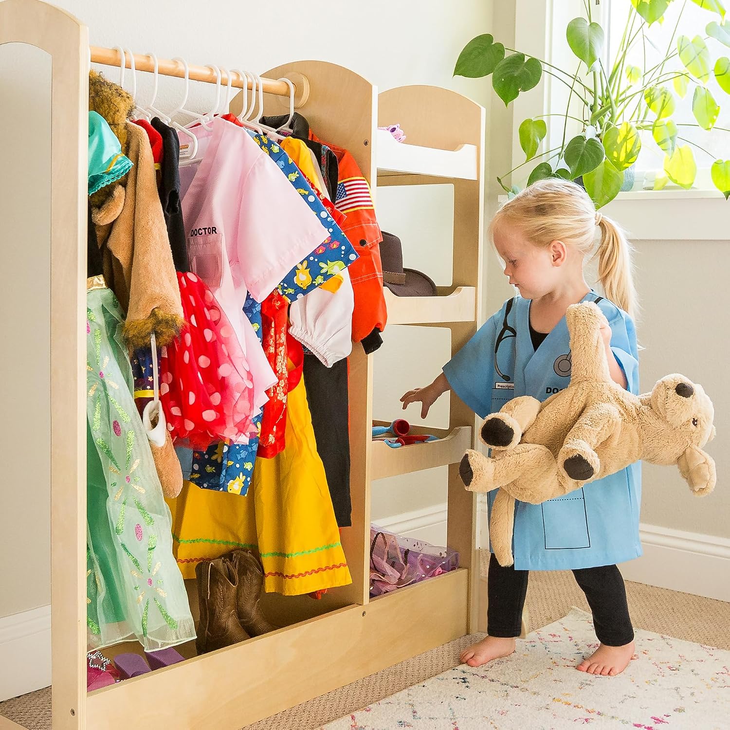 Guidecraft See and Store Dress-up Center – Natural: Armoire for Kids with Mirror & Shelves, Clothes Rack and Shoe Storage Dresser with Bottom Tray - Toddlers Room Furniture